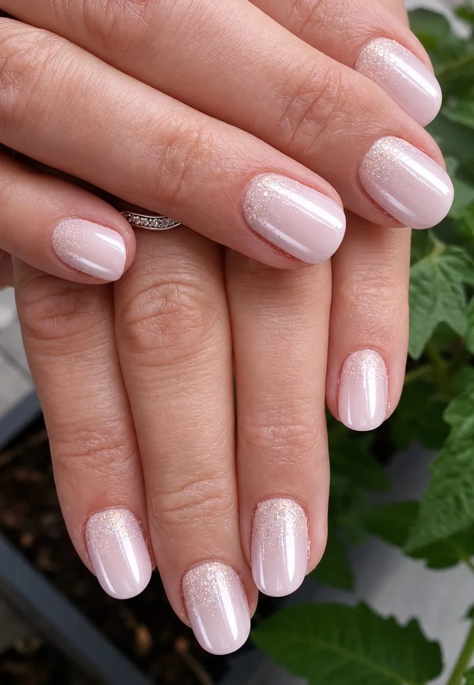 Zart rosa Gelnägel mit feinem Glitzer-Verlauf an gepflegten Händen vor grünen Blättern